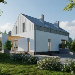 Wizualizacja nowoczesnego domu jednorodzinnego z dwuspadowym dachem, białymi ścianami i szarym wykończeniem, otoczonego zielenią i kwitnącymi krzewami, ukazana w słoneczny dzień.