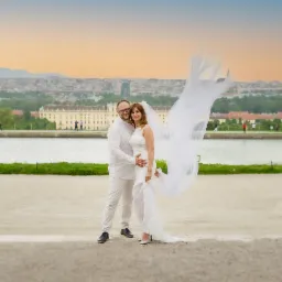 Para w strojach ślubnych pozuje na tle pałacu Schönbrunn w Wiedniu, welon powiewa na wietrze, w tle widoczna panorama miasta.