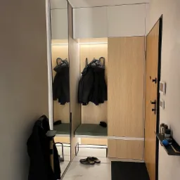 Nowoczesna szafa wnękowa z lustrzanymi drzwiami, oświetleniem LED, siedziskiem z zieloną tapicerką i wieszakami na ubrania, uzupełniona o półkę na drobiazgi oraz dywanik i buty przy wejściu.