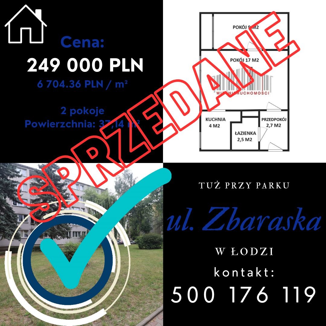 Ogłoszenie z wizualizacją mieszkania na sprzedaż: budynek z zielenią, plan mieszkania z metrażem, cena 249000 PLN, adres ul. Zbaraska w Łodzi, numer kontaktowy, przekreślone napisem 'Sprzedane'...