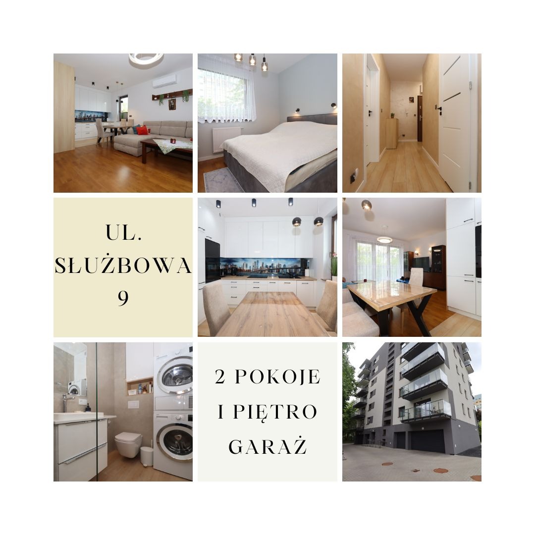 Kolaż zdjęć wnętrz i elewacji budynku: salon z aneksem, sypialnia, łazienka, korytarz, kuchnia z jadalnią, budynek z balkonami, garaż - mieszkanie na sprzedaż.