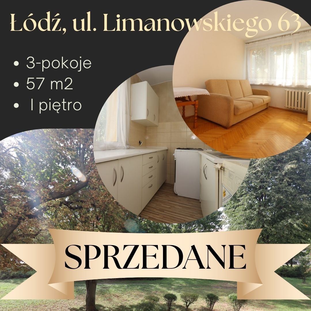 Mieszkanie 3-pokojowe (57m2, I piętro) w Łodzi, ul. Limanowskiego 63. Na zdjęciu wnętrze: kuchnia, salon. Widok na zieleń. Oznaczone jako 'Sprzedane'.