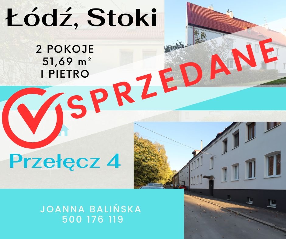 Ogłoszenie o sprzedaży mieszkania w Łodzi, Stoki. Informacje o metrażu, liczbie pokoi i piętrze. Na zdjęciu budynek mieszkalny z napisem 'SPRZEDANE' i adresem.