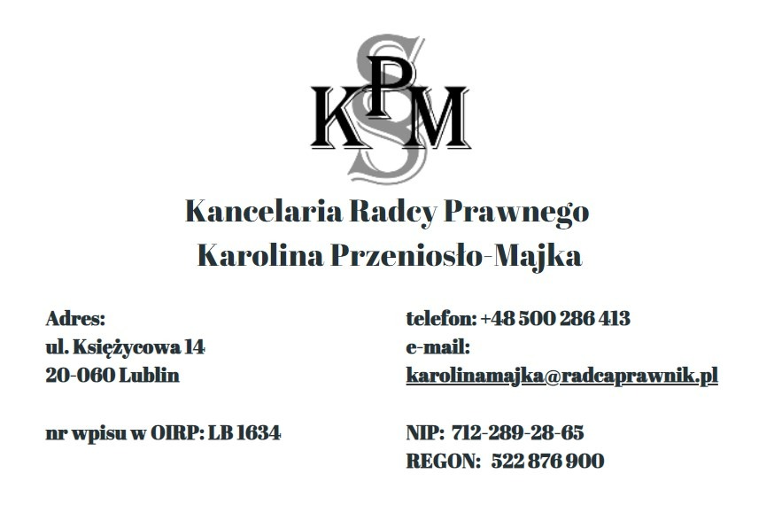 Logo i dane kontaktowe Kancelarii Radcy Prawnego Karolina Przeniosło-Majka z Lublina, adres, telefon, e-mail, NIP i REGON.
