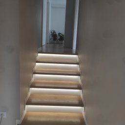 Multiwersum Energii Grzymała Michał - Nowoczesne schody drewniane z podświetleniem LED na każdym stopniu, prowadzące do jasnego pomieszczenia z roślinami w tle.