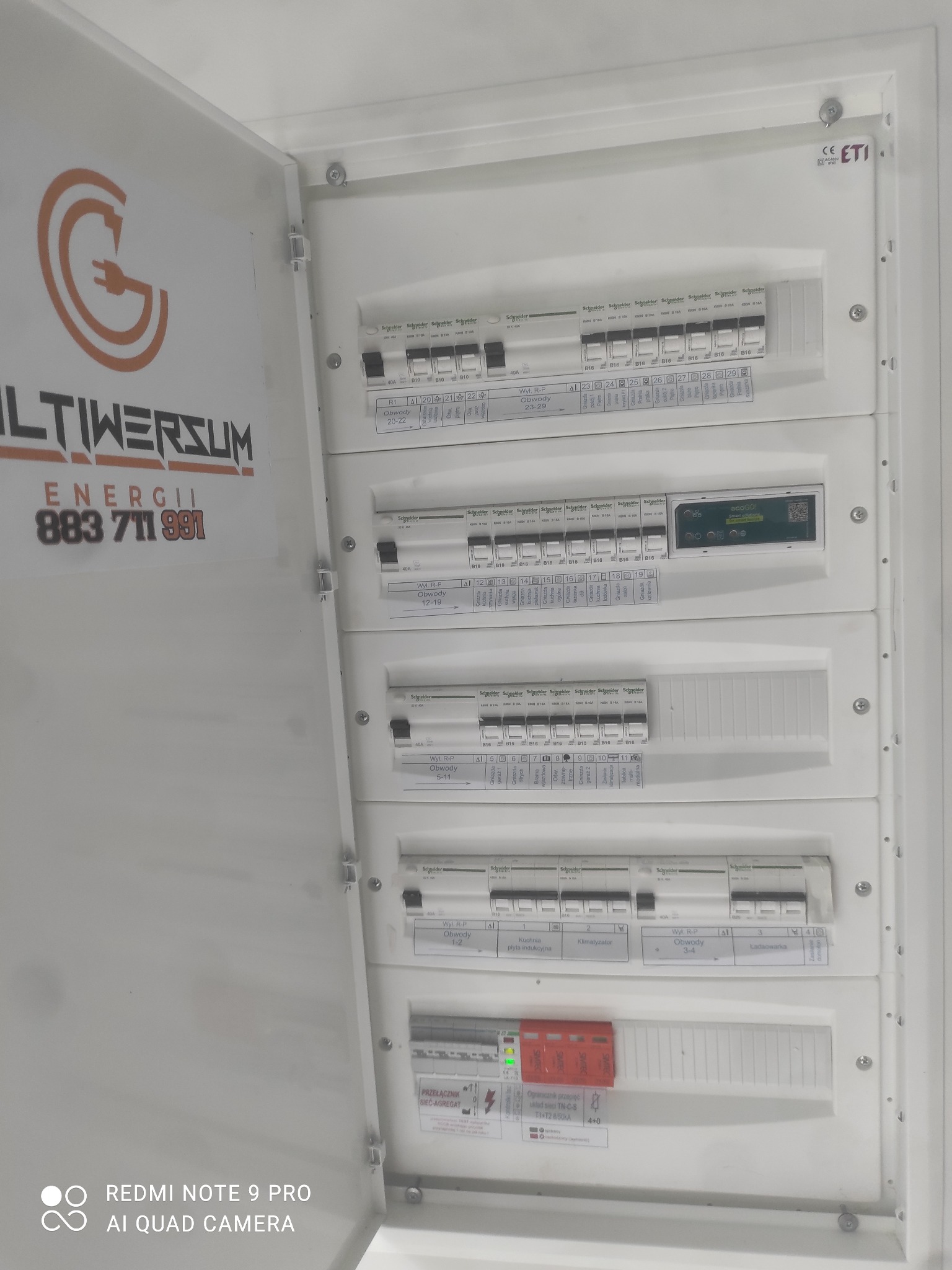 Otwarta skrzynka rozdzielcza z bezpiecznikami i wyłącznikami, z naklejką firmy 'Multiwersum Energii' i opisami obwodów, widoczne zabezpieczenie przeciwprzepięciowe.