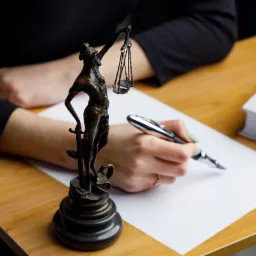 Statuetka Temidy na biurku, obok dłoni piszącej piórem na białej kartce. W tle książka, całość w ciepłej tonacji.