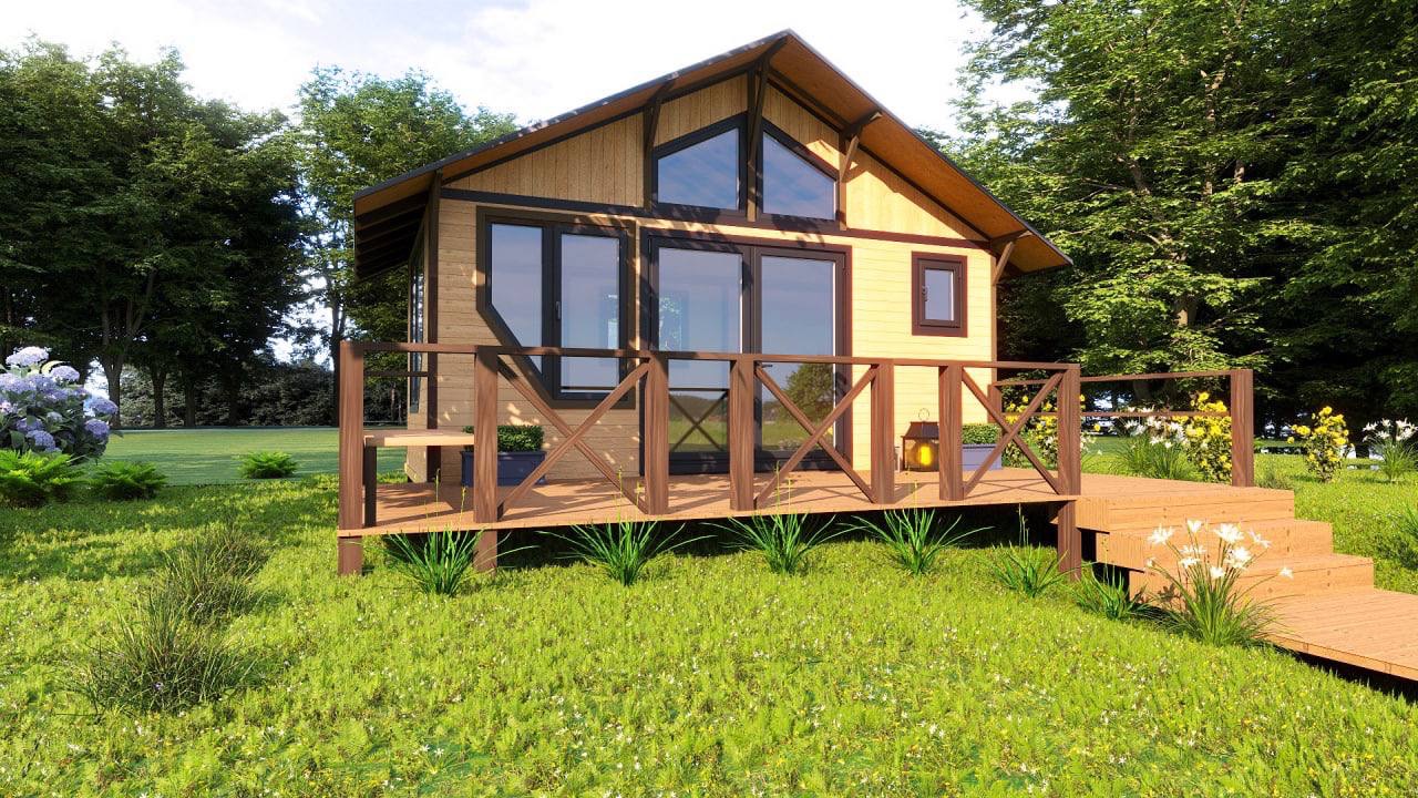 Wizualizacja małego, parterowego domu z drewna z tarasem i schodami wejściowymi, otoczonego zieloną trawą i drzewami.