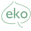Zielone logo 'eko' w kształcie liścia.