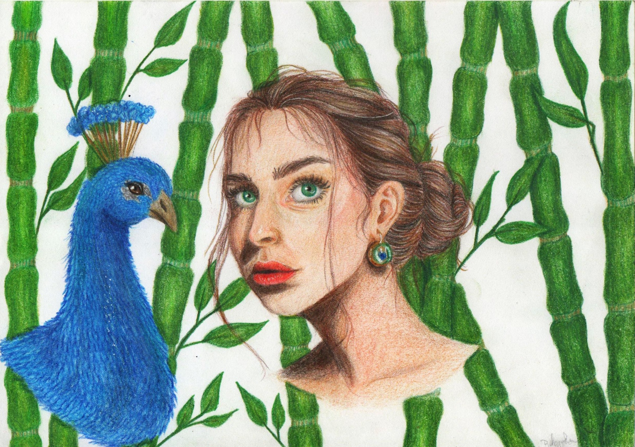 Ręcznie rysowany portret kobiety z pawiem na tle bambusowych łodyg, wykonany kredkami ołówkowymi.