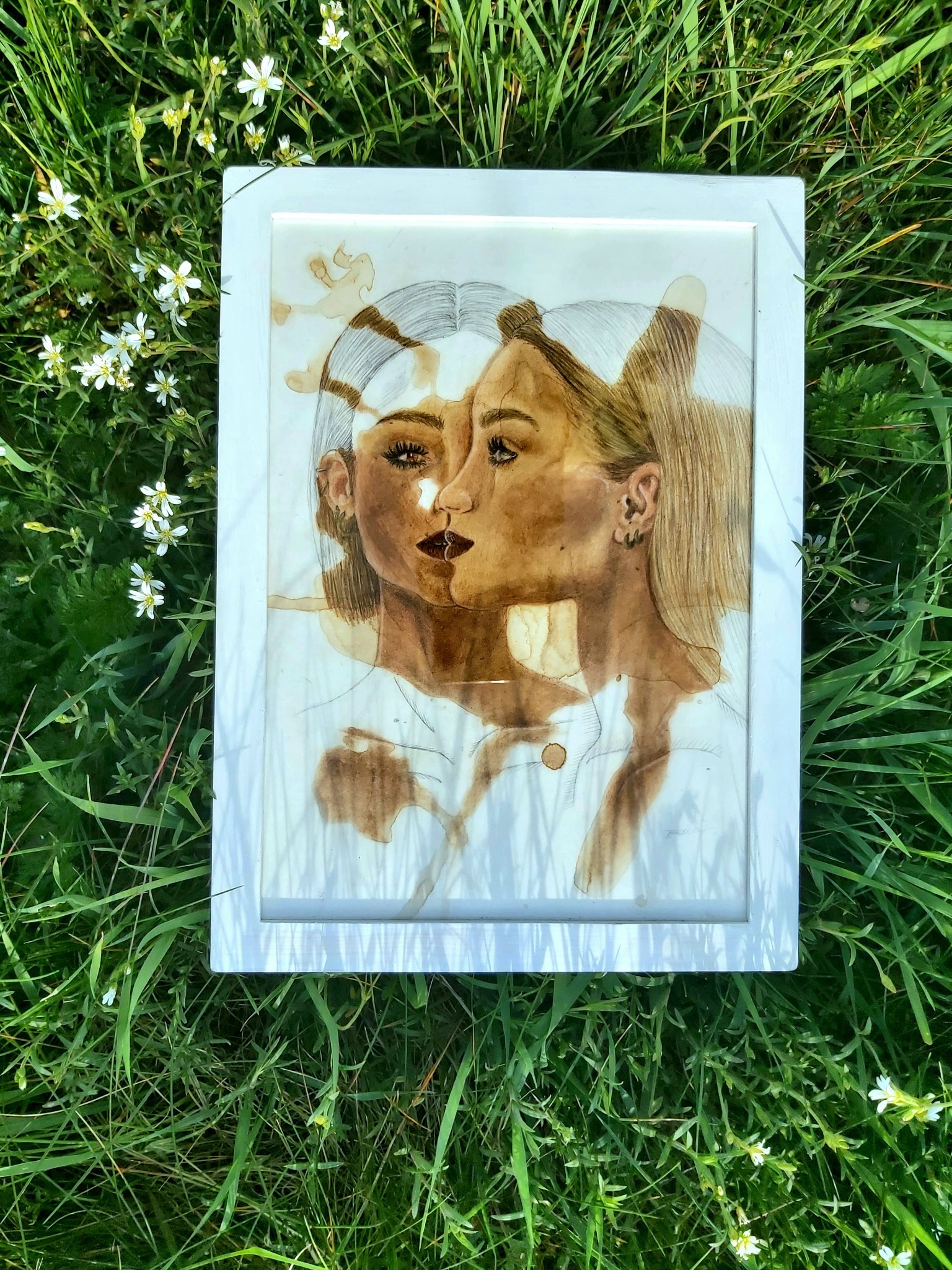 Portret dwóch kobiet namalowany kawą w białej ramce, leżący na trawie z białymi kwiatami.