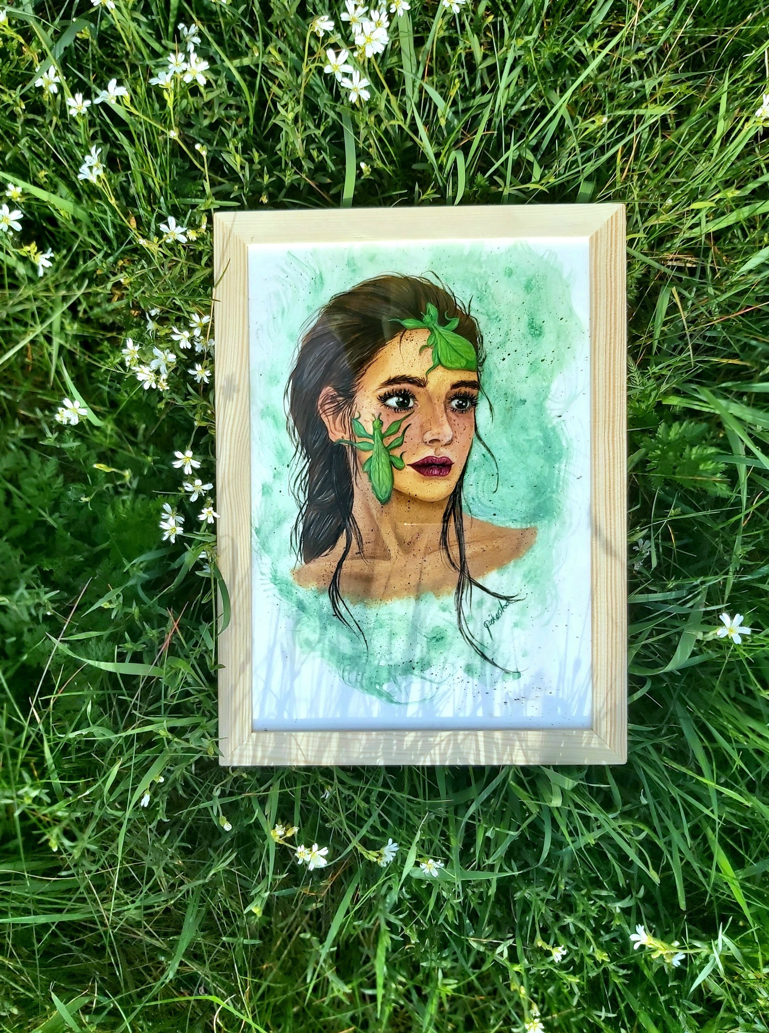 Akwarelowy portret kobiety z zielonymi akcentami, oprawiony w drewnianą ramkę, leżący na trawie z białymi kwiatami.