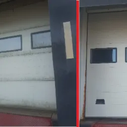 Porównanie: brudna brama garażowa przed czyszczeniem i czysta brama po czyszczeniu, widoczne różnice w oknach i na powierzchni bramy.