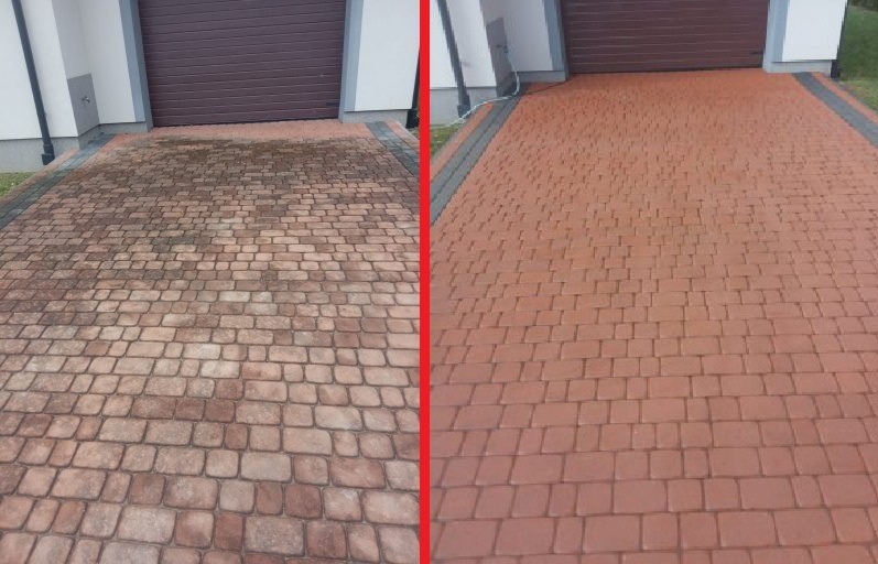 Porównanie kostki brukowej przed i po czyszczeniu, widoczne wyraźne usunięcie zabrudzeń i przywrócenie pierwotnego koloru.