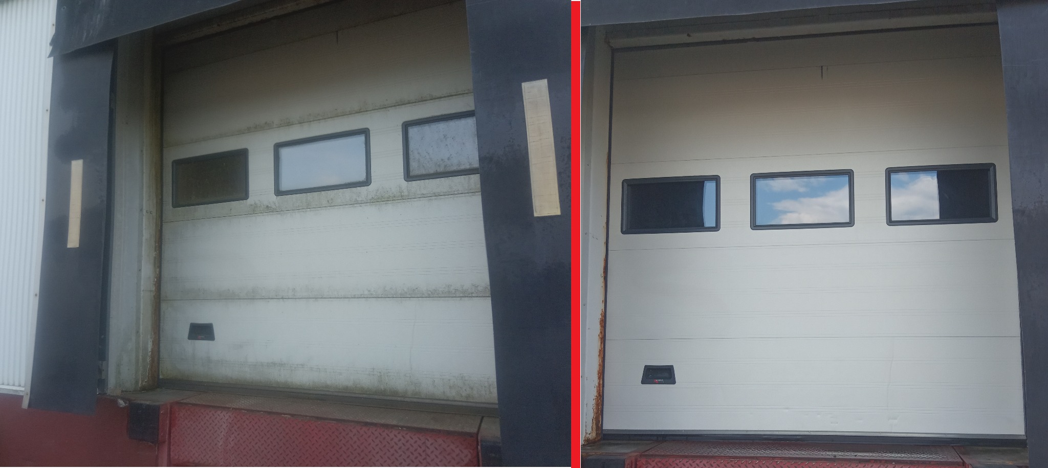 Porównanie: brudna brama garażowa przed czyszczeniem i czysta brama po czyszczeniu, widoczne różnice w oknach i na powierzchni bramy.