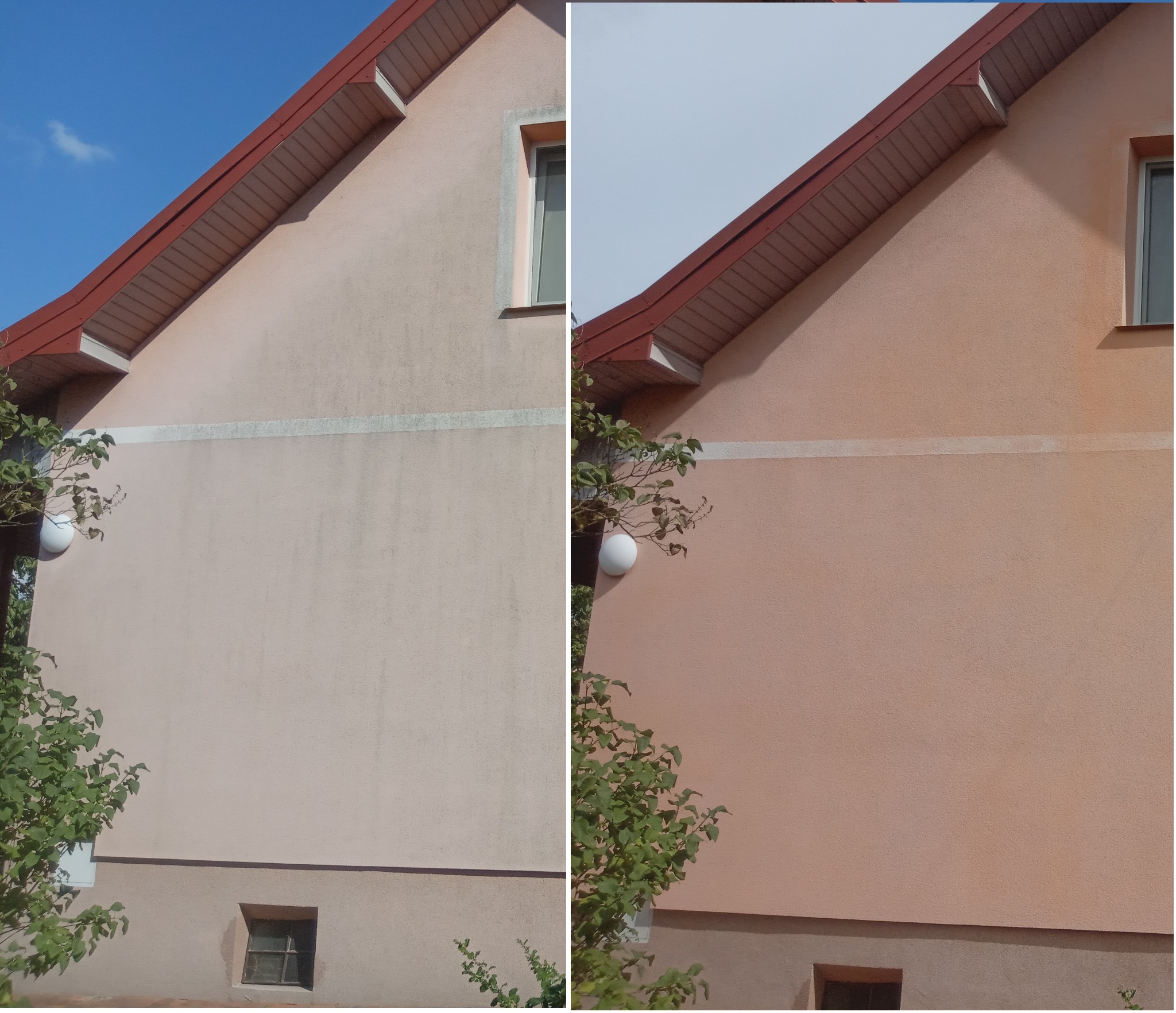 Porównanie elewacji budynku przed i po czyszczeniu, widoczne różnice w kolorze i usunięte zabrudzenia, fragment roślinności w dolnej części kadru.