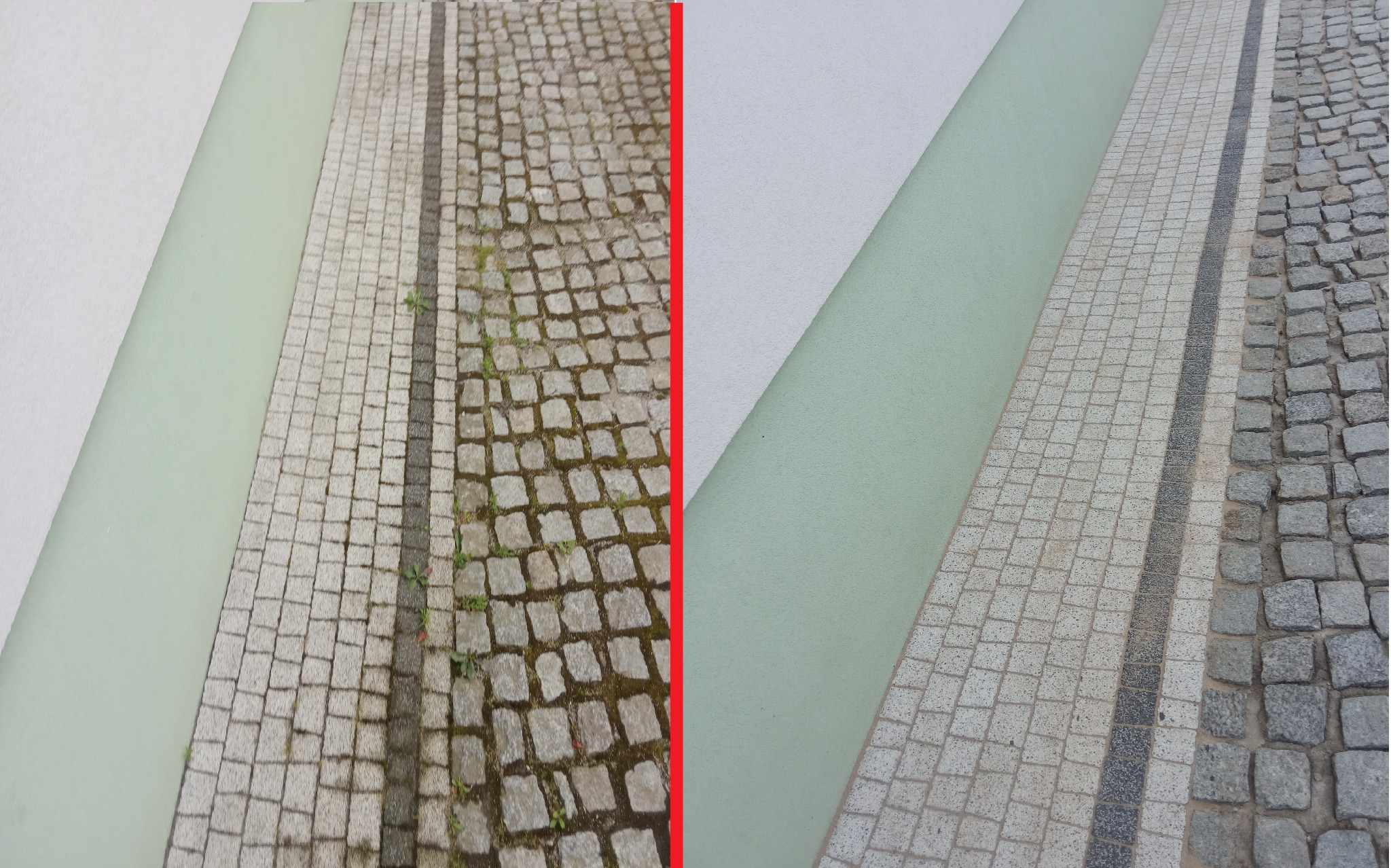 Porównanie dwóch fragmentów kostki brukowej: po lewej stronie czysta, jasna kostka z ciemnym pasem, po prawej stronie kostka szara, częściowo porośnięta mchem i trawą, przylegająca do ściany...