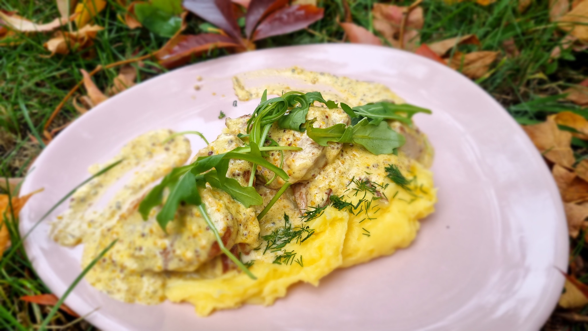 Porcja pieczonego mięsa w sosie musztardowym podana na purée ziemniaczanym, udekorowana świeżą rukolą i koperkiem, na różowym talerzu i tle z jesiennych liści na trawie.