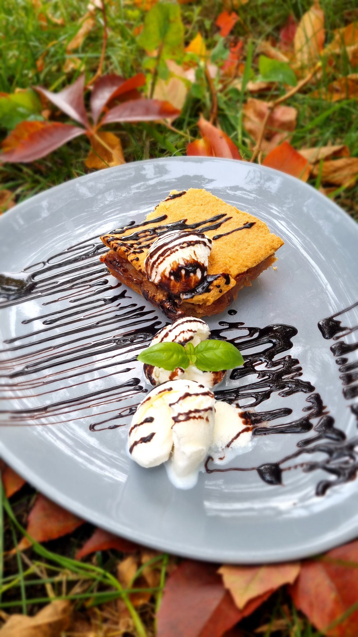 Kwadratowy kawałek ciasta z jabłkami, udekorowany gałką lodów i polewą czekoladową, podany na szarym talerzu z dodatkowymi lodami i listkami bazylii, całość sfotografowana na tle jesiennych liści.