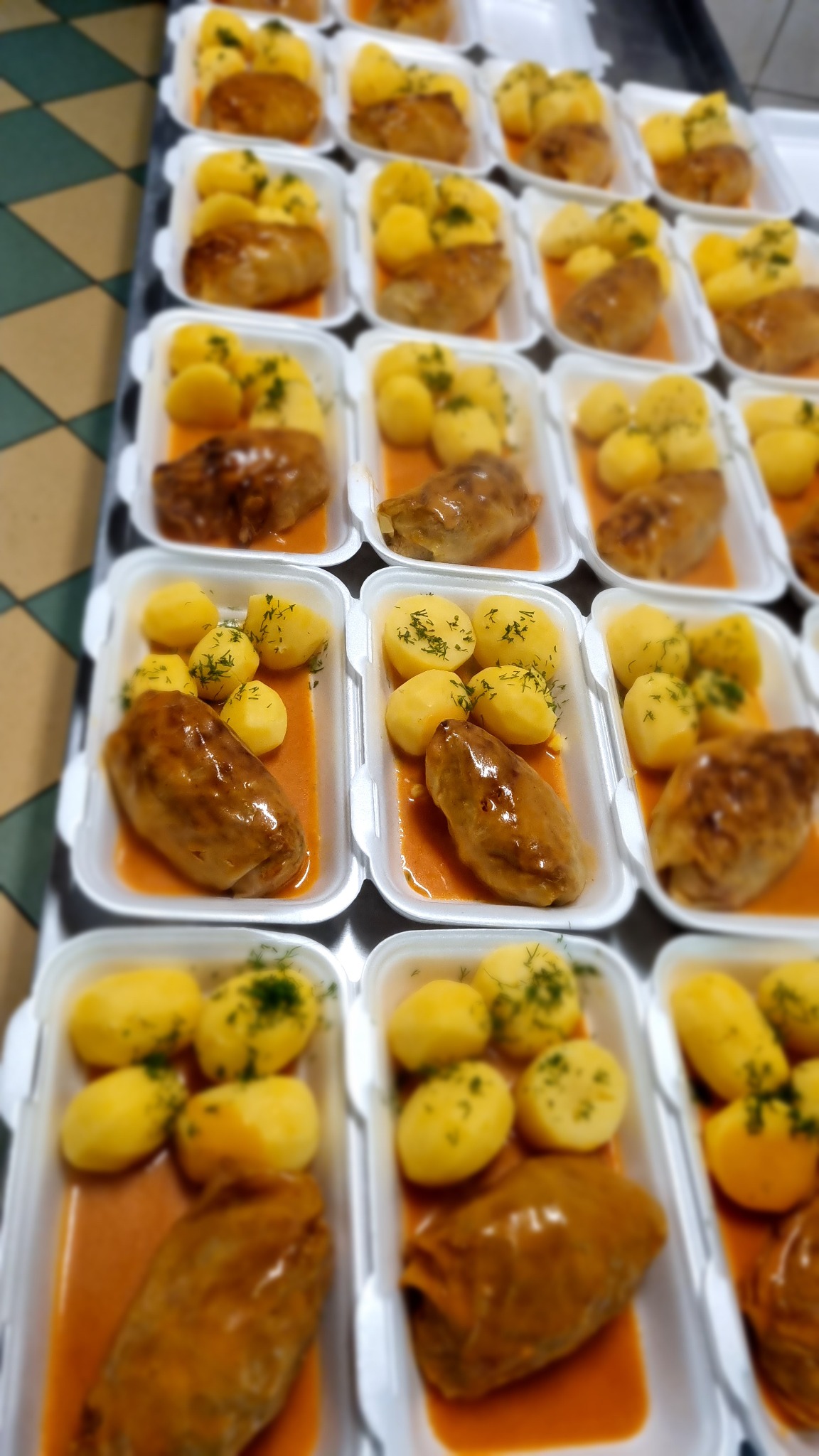 Gotowe porcje gołąbków z ziemniakami w sosie, posypane koperkiem, zapakowane w białe, plastikowe pojemniki, ułożone rzędami na blacie z szachownicą.