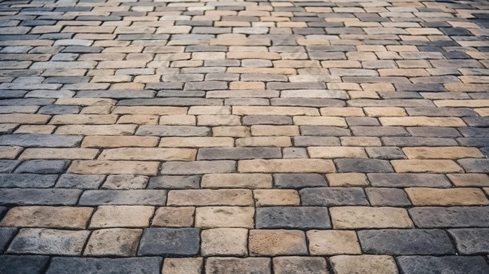 Ułożona kostka brukowa w odcieniach szarości i beżu, tworząca wzór na podjeździe lub chodniku, z perspektywą z dołu.