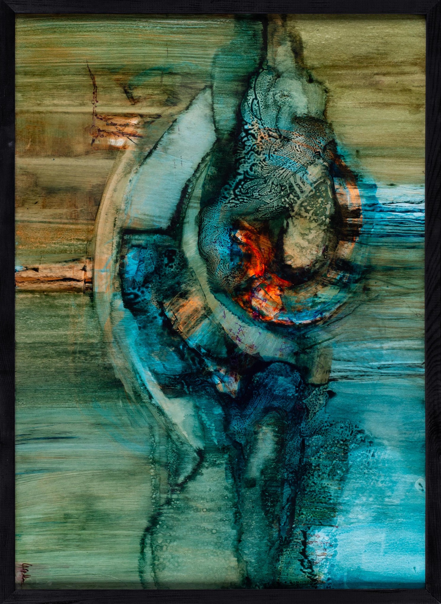 Abstrakcyjna akrylowa kompozycja w odcieniach zieleni, błękitu i pomarańczy, zamknięta w czarnej ramie, z wyraźnymi pociągnięciami pędzla i efektem przenikania kolorów.