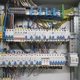 Rozdzielnica elektryczna z zainstalowanymi bezpiecznikami, zabezpieczeniami przeciwprzepięciowymi i przewodami o różnych kolorach, widoczne oznaczenia na urządzeniach.