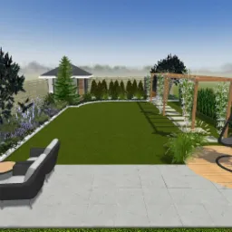 Wizualizacja ogrodu z meblami wypoczynkowymi, altaną, pergolą z pnączami, huśtawką kokon na drewnianym podeście i starannie zaaranżowaną roślinnością.