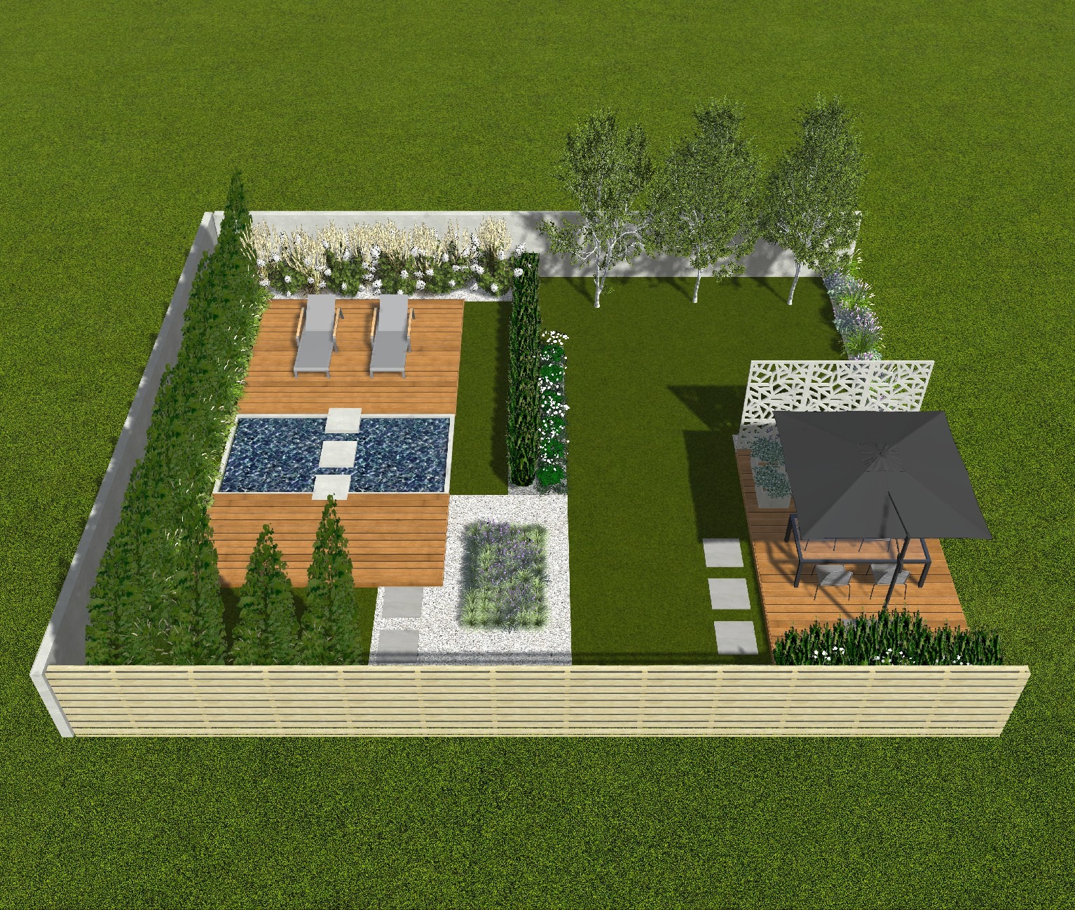 Wizualizacja ogrodu z basenem, drewnianym tarasem, leżakami, pergolą z parasolem i ozdobnym panelem, otoczona zielenią i drewnianym płotem.