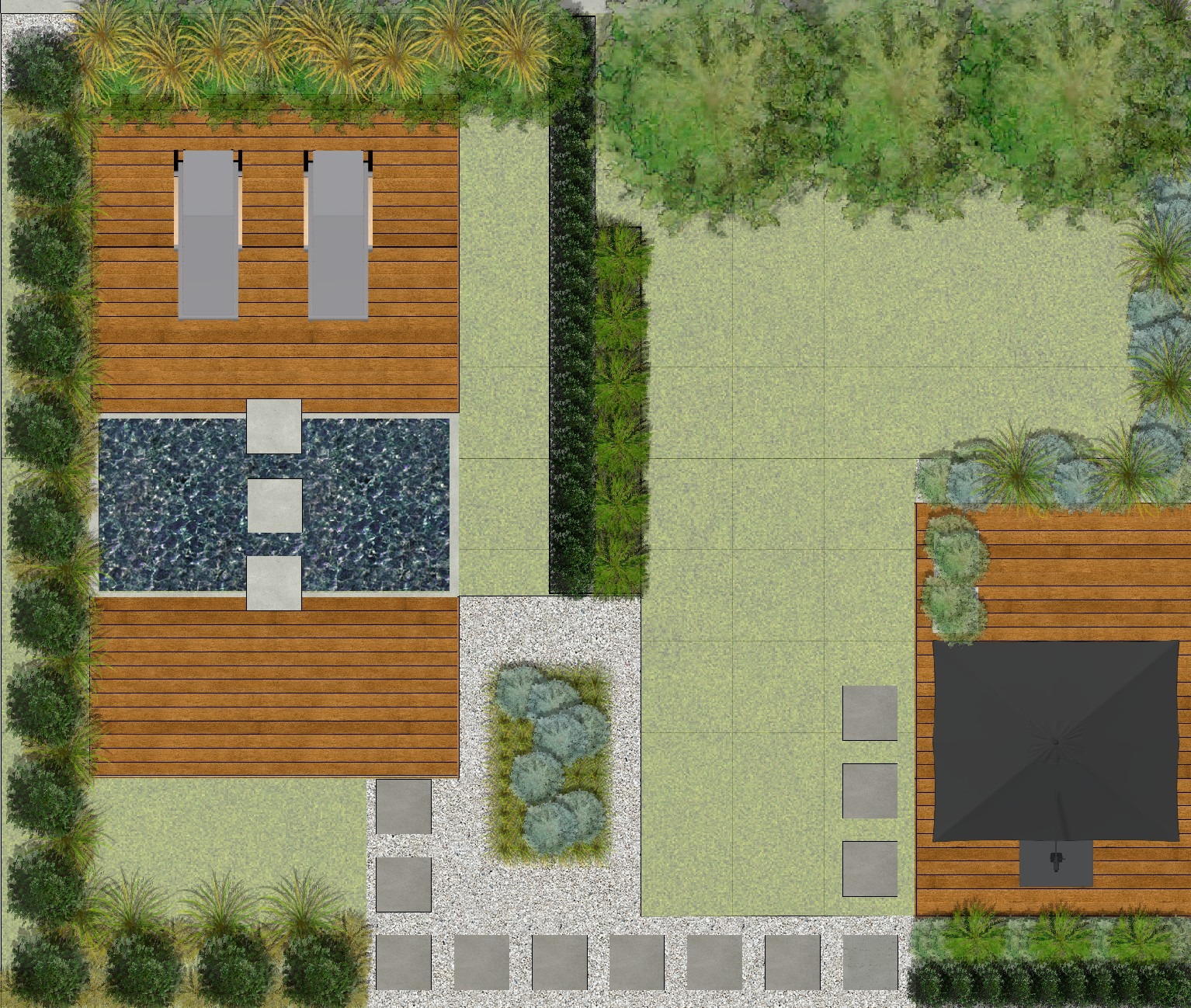 Widok z góry na projekt ogrodu z drewnianym tarasem, basenem z kamiennymi ścieżkami, trawnikiem, roślinami ozdobnymi, parasolem i leżakami.