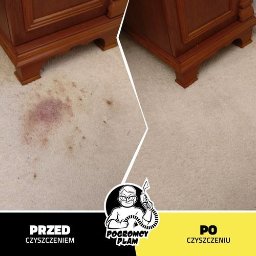 Pogromcy Plam Michał Adamczyk - Dywan z plamą pod drewnianą komodą, podzielony pionową linią na część przed i po zabiegu czyszczenia, z widocznym logo firmy.