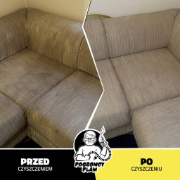 Pogromcy Plam Michał Adamczyk - Porównanie narożnika tapicerowanego przed i po usunięciu zabrudzeń, z nakładką graficzną firmy czyszczącej.