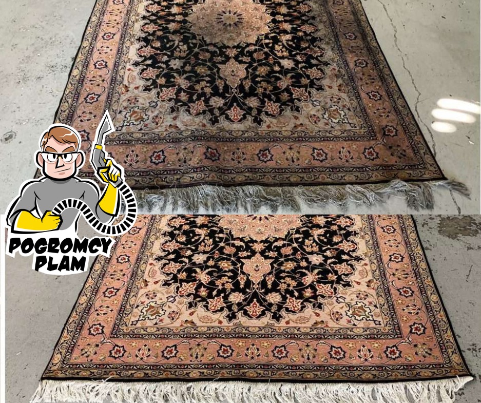 Dywan orientalny przed i po czyszczeniu, z widocznym logo firmy w lewym dolnym rogu.