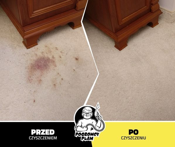 Dywan z plamą pod drewnianą komodą, podzielony pionową linią na część przed i po zabiegu czyszczenia, z widocznym logo firmy.