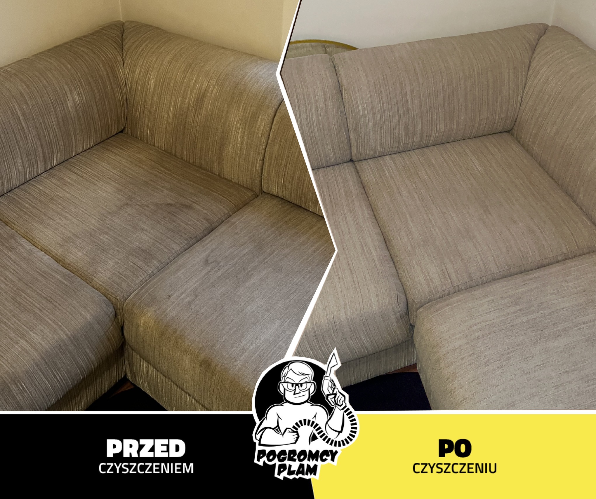 Porównanie narożnika tapicerowanego przed i po usunięciu zabrudzeń, z nakładką graficzną firmy czyszczącej.
