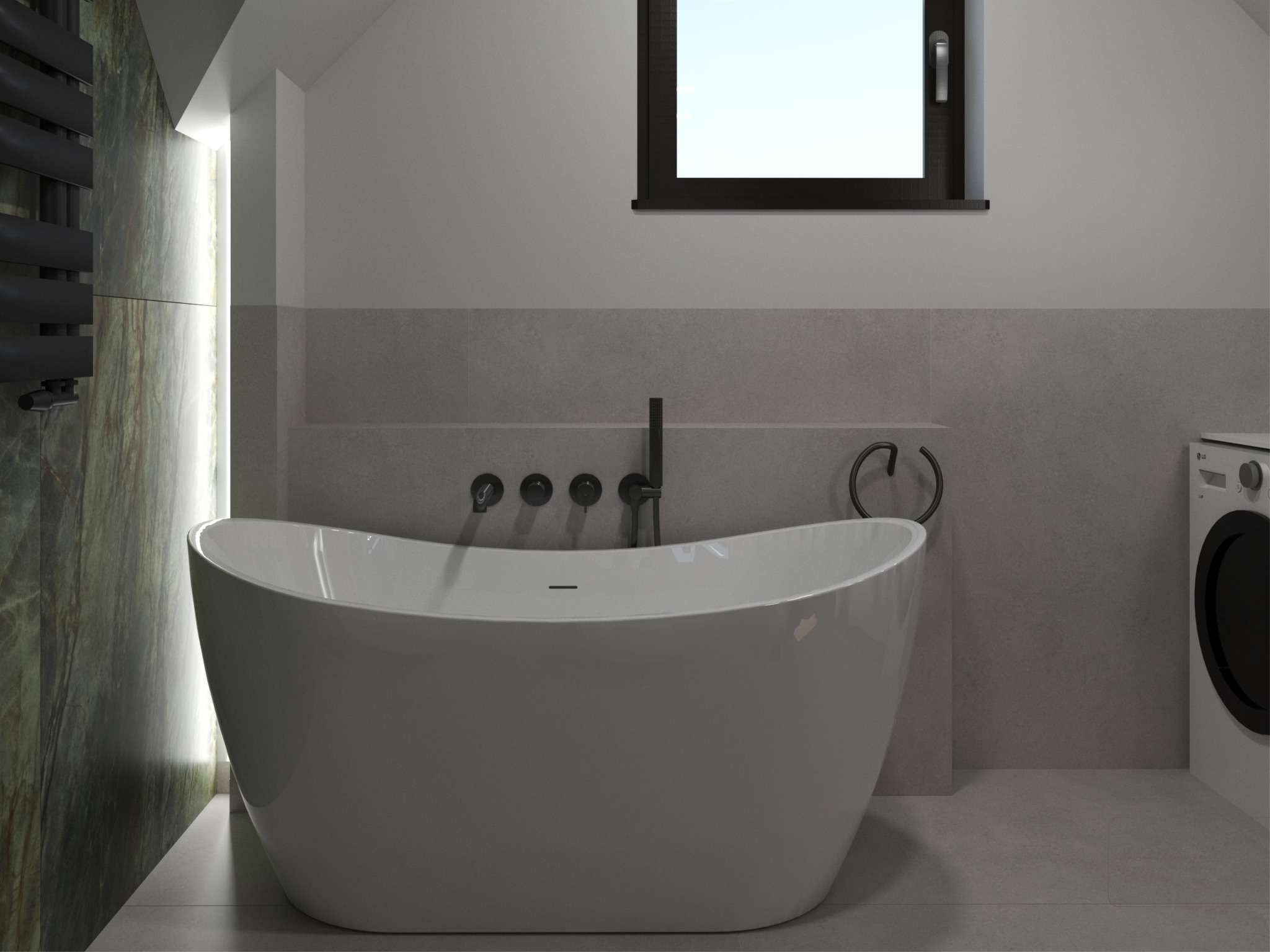 Nowoczesna, wolnostojąca wanna w minimalistycznej łazience z szarą glazurą, czarną armaturą i pralką w tle.