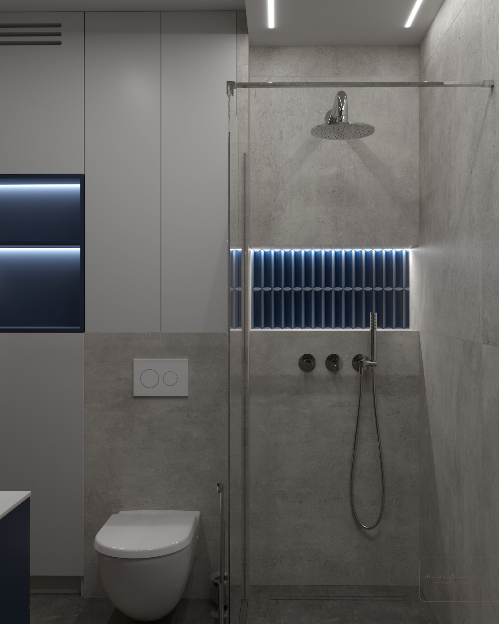 Nowoczesna łazienka z kabiną prysznicową typu walk-in, szare płytki imitujące beton, podświetlane niebieskie płytki dekoracyjne w strefie prysznica, wisząca toaleta i minimalistyczne szafki.