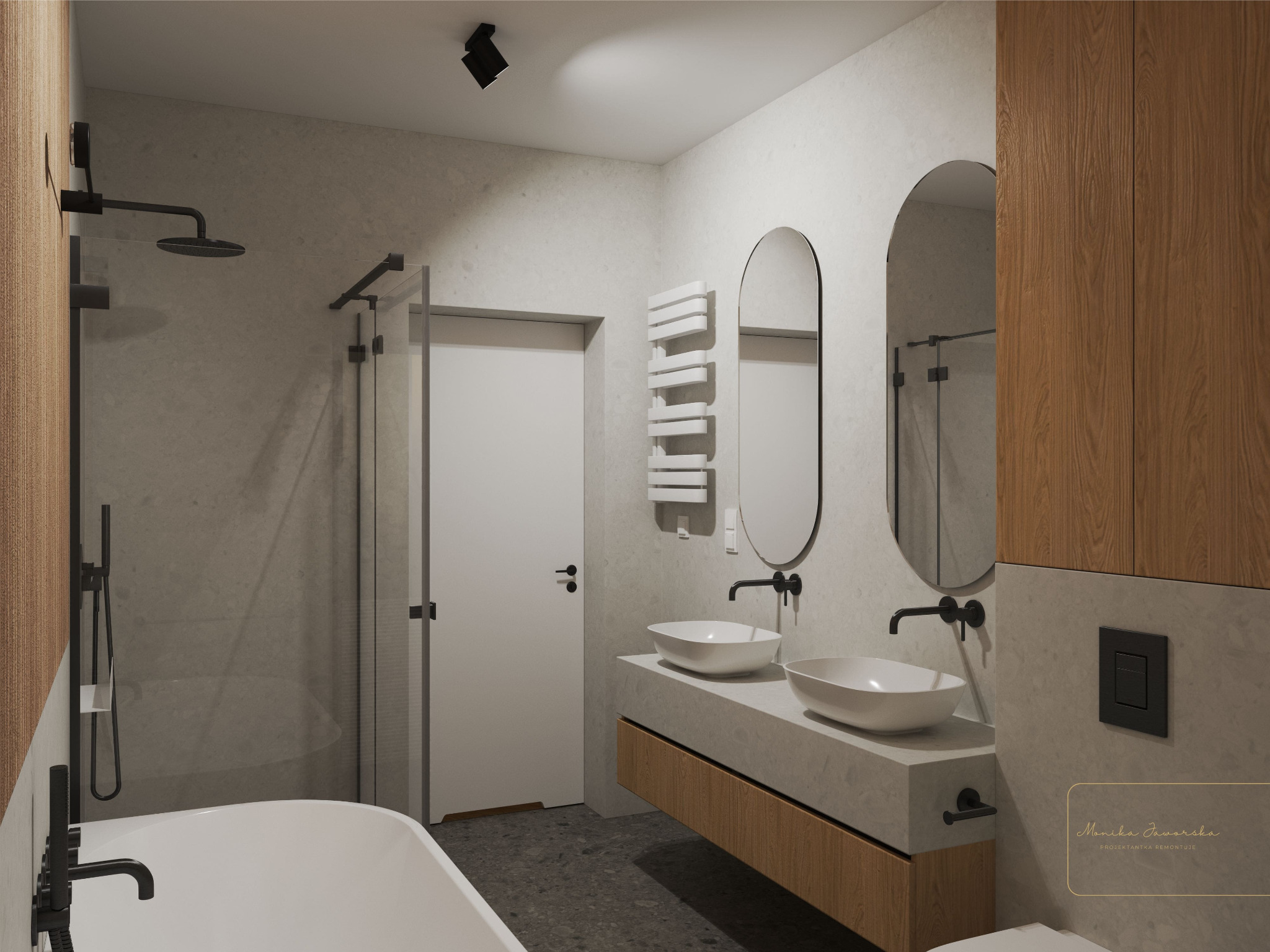 Wizualizacja łazienki z dwoma owalnymi umywalkami nablatowymi, czarną armaturą i kabiną prysznicową typu walk-in. Na ścianie drewniane szafki i okrągłe lustra.