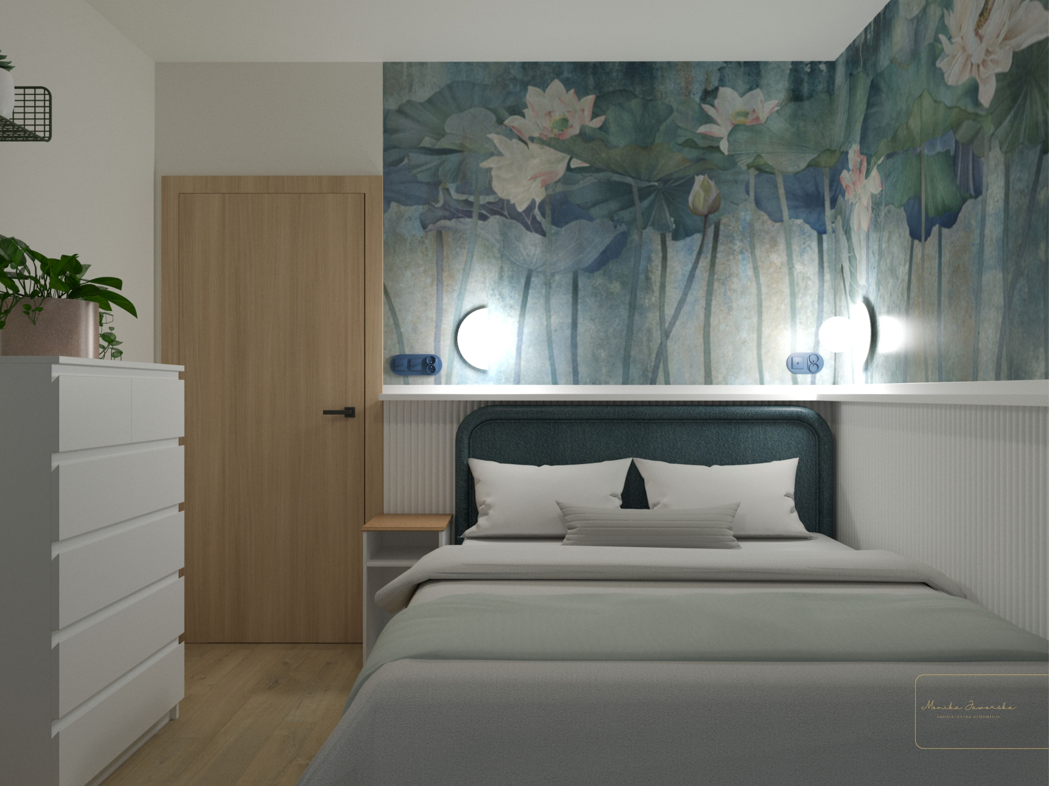 Wizualizacja sypialni z łóżkiem z zielonym zagłówkiem i pościelą w odcieniach szarości, komodą z rośliną w doniczce, drewnianymi drzwiami i tapetą w kwiaty lotosu oraz lampkami nocnymi.