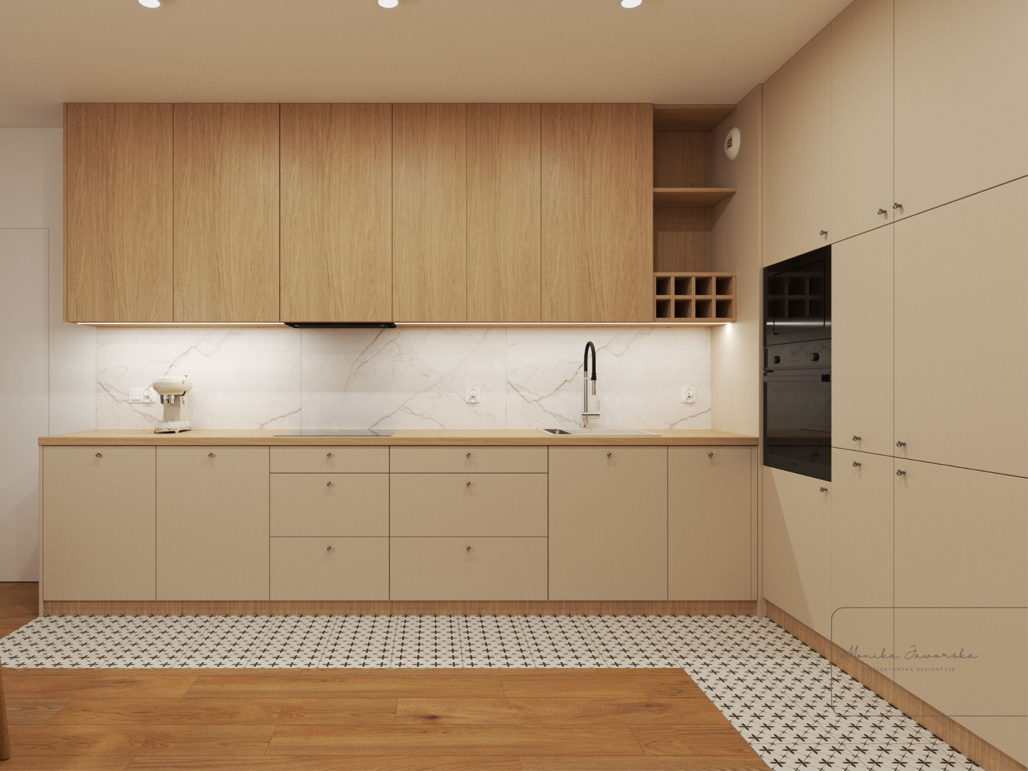 Beżowa kuchnia z drewnianymi szafkami górnymi i marmurowym blatem. Na blacie mikser. Podłoga z płytek w geometryczny wzór. Nowoczesny design.