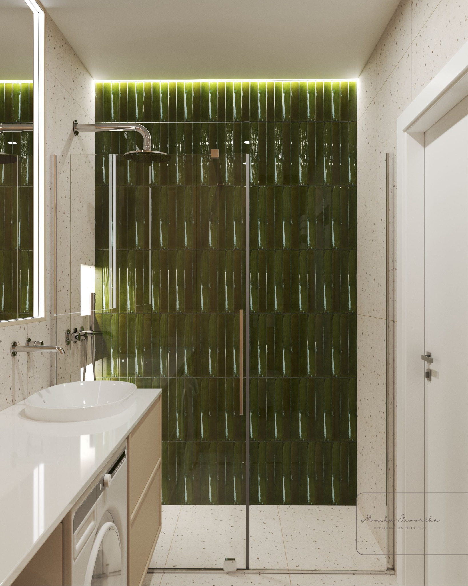 Nowoczesna łazienka z zielonymi, pionowymi płytkami podświetlonymi LED, umywalką nablatową i kabiną prysznicową typu walk-in. Minimalistyczny design.