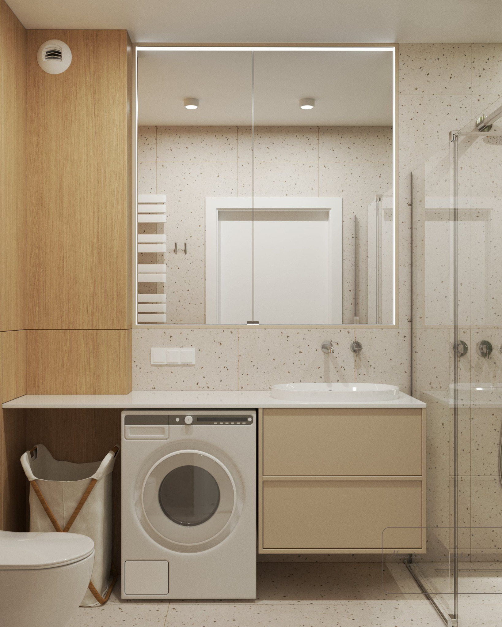 Jasna łazienka z pralką w zabudowie, umywalką i lustrem z podświetleniem LED. Minimalistyczny design z akcentami drewna i terazzo.