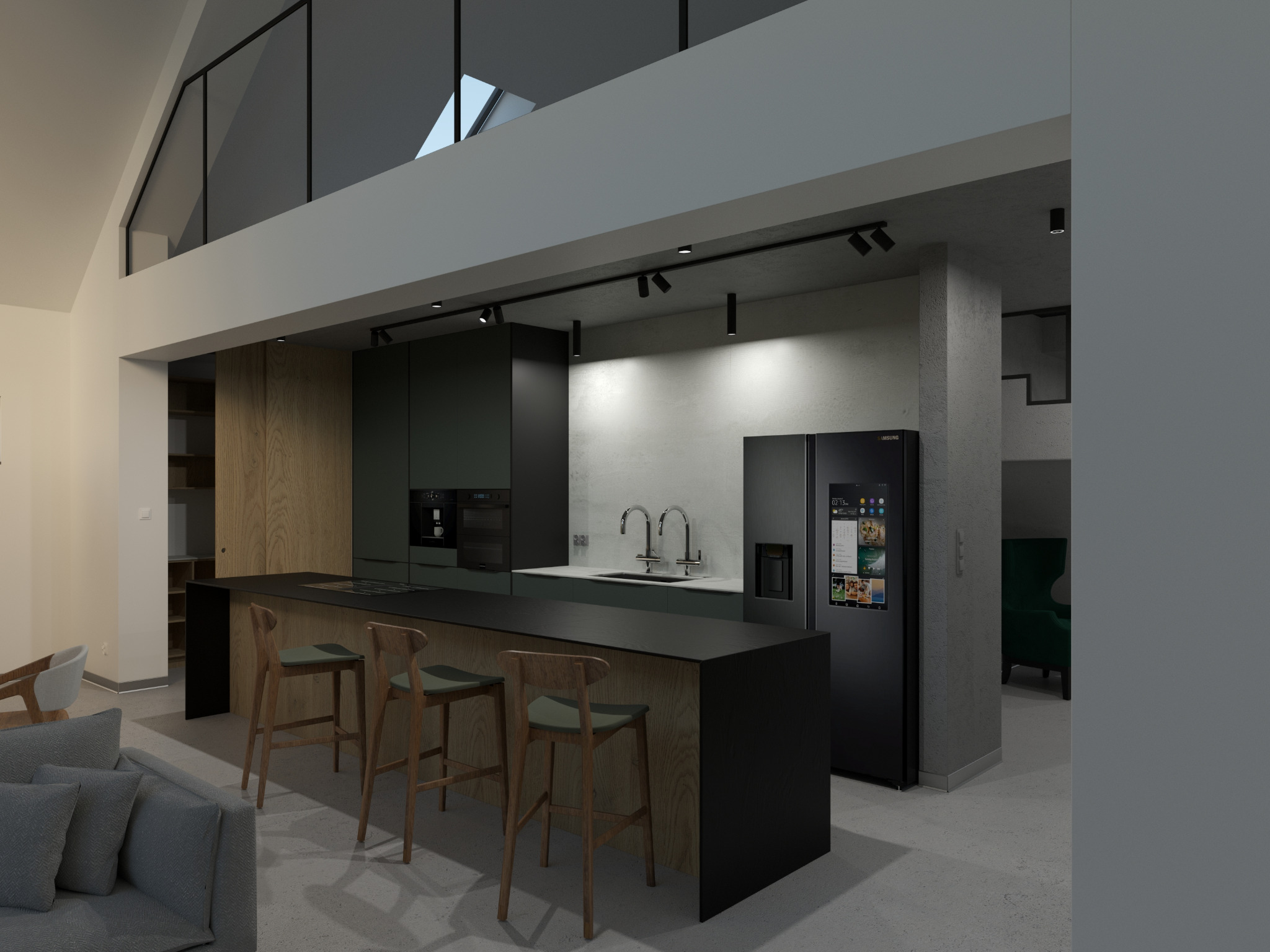 Nowoczesna kuchnia z wyspą i hokerami w otwartej przestrzeni. Minimalistyczny design, czarne meble, drewniane akcenty, oświetlenie punktowe. Widok na salon z szarą sofą.