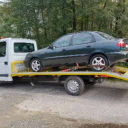 Biała laweta z załadowanym, zabezpieczonym pasami zielonym samochodem osobowym na tle drzew i drogi.