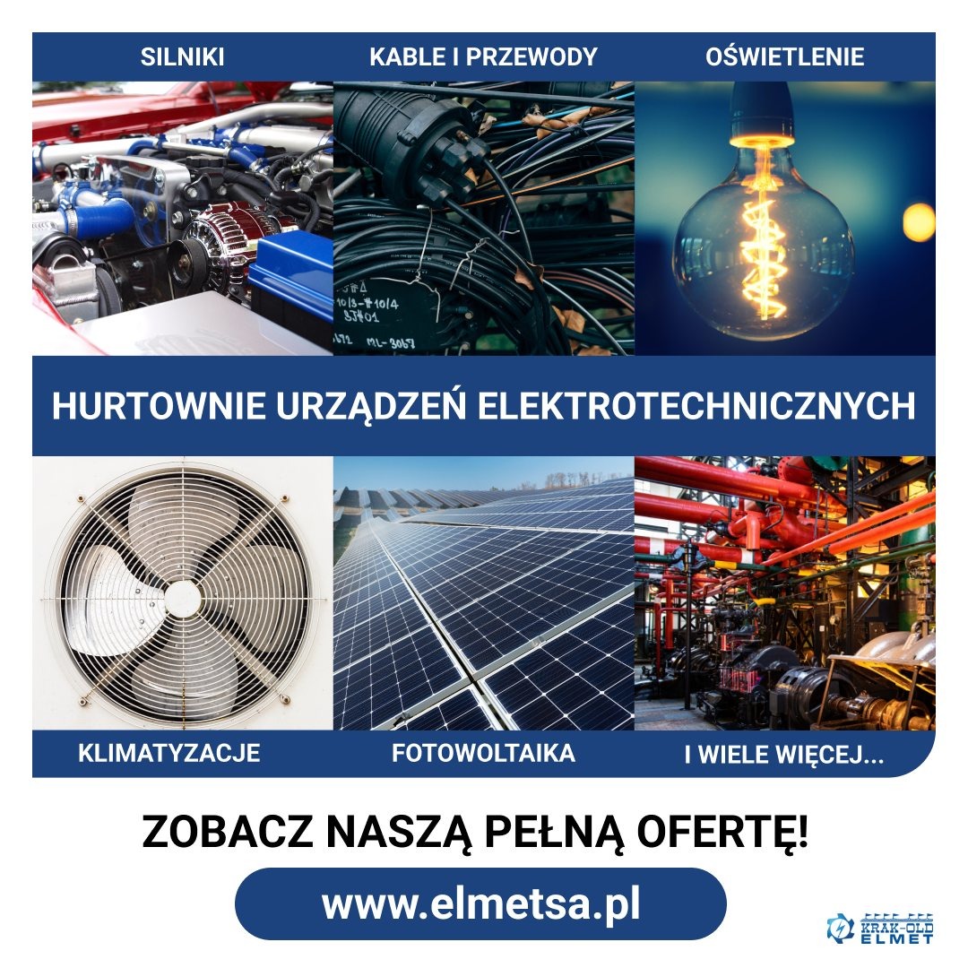 Kompozycja zdjęć prezentująca ofertę hurtowni elektrotechnicznej: silniki, kable, oświetlenie, klimatyzacja, panele słoneczne i instalacje przemysłowe.