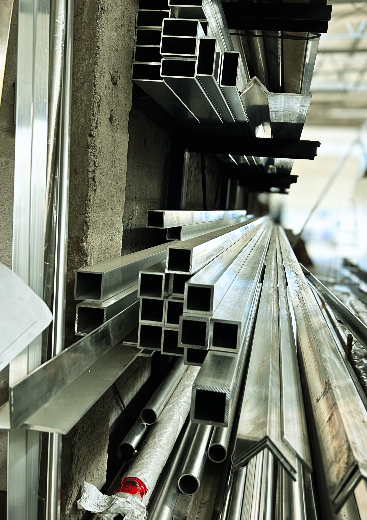 Metalowe profile o różnych kształtach i rozmiarach ułożone w stos, widoczne przekroje kwadratowe i prostokątne, surowe tło betonowej ściany, perspektywa z dołu.