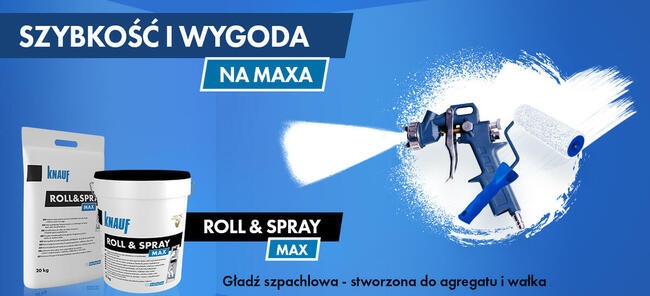 Agregat natryskowy i wałek do gładzi szpachlowej Knauf Roll & Spray MAX, obok opakowania gładzi w worku i wiadrze.