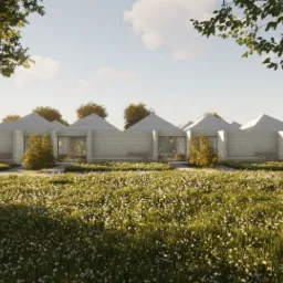 Wizualizacja kompleksu hotelowego z minimalistycznymi, modułowymi budynkami z betonu, z piramidalnymi dachami, otoczonymi łąką z białymi kwiatami i drzewami.