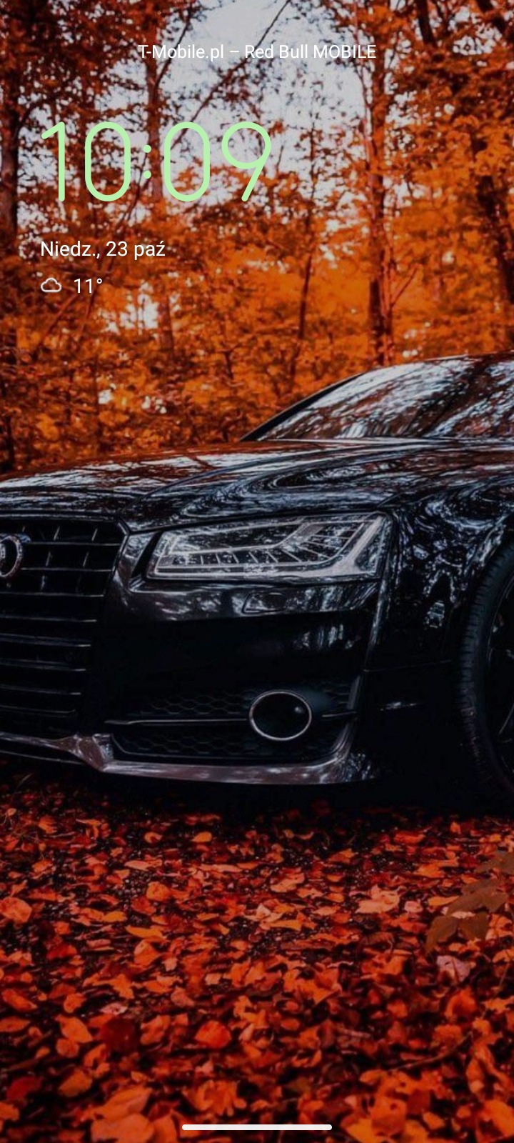 Częściowy widok przodu czarnego samochodu marki Audi na tle jesiennego lasu z opadłymi liśćmi, wyświetlacz telefonu na pierwszym planie z godziną 10:09 i datą 23 października.