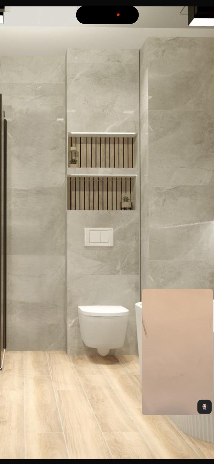 Nowoczesna łazienka z szarymi płytkami imitującymi marmur, drewnianą podłogą i wnękami z drewnianymi lamelami. Minimalistyczna toaleta podtynkowa.